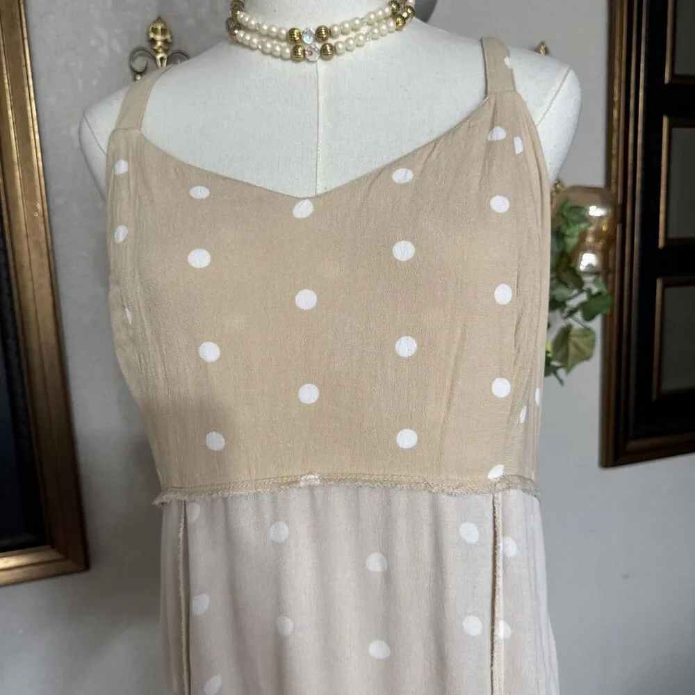 old navy strap tank maxi Dress beige white polka dot Y2K mocked back Size L - Picture 14 of 16